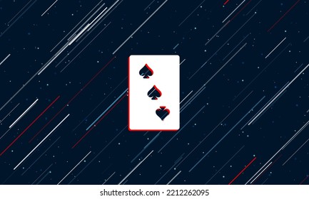 Large white Three of Spades playing card framed in red in the center. The effect of flying through the stars. Vector illustration on a dark blue background with stars and slanted lines