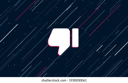 Large white thumb down symbol framed in red in the center. The effect of flying through the stars. Seamless vector illustration on a dark blue background with stars and slanted lines