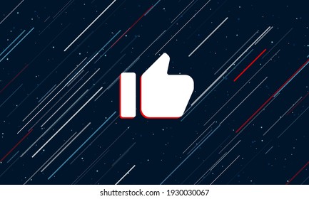 Un gran símbolo blanco arriba enmarcado en rojo en el centro. El efecto de volar a través de las estrellas. Ilustración vectorial sin igual en un fondo azul oscuro con estrellas y líneas inclinadas