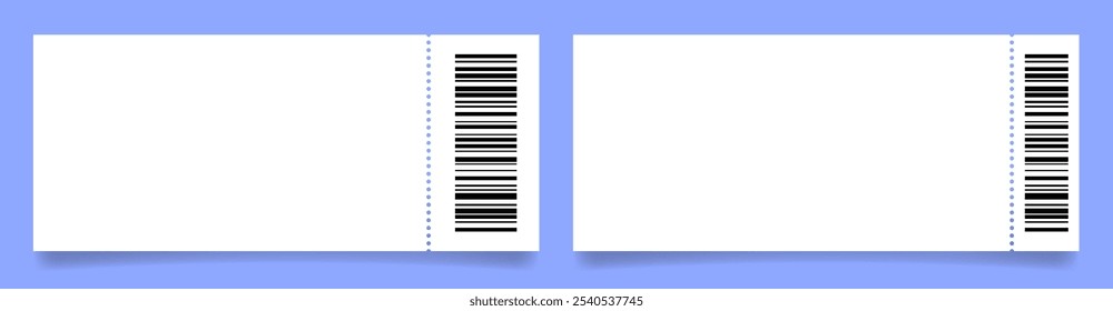 Large white ticket mockups with bar codes and shadows. Empty template. Concert, movie or theater ticket. Boarding blank, lottery, sale coupon