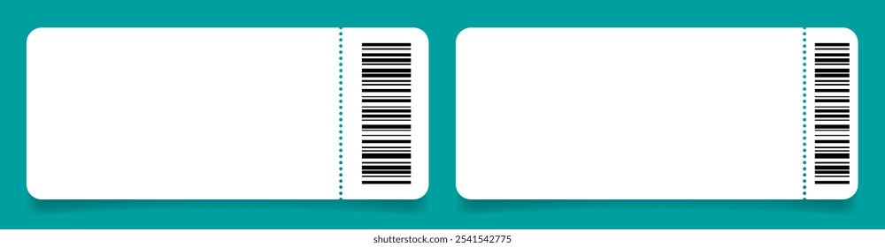 Large white ticket mockups with rounded edges, bar codes and shadows. Empty template. Concert, movie or theater ticket. Boarding blank, lottery, sale coupon	