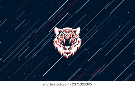 Large white tiger head symbol framed in red in the center. The effect of flying through the stars. Vector illustration on a dark blue background with stars and slanted lines