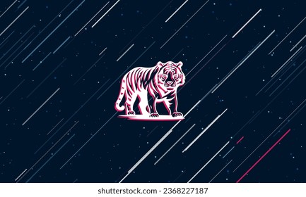 Large white tiger symbol framed in red in the center. The effect of flying through the stars. Vector illustration on a dark blue background with stars and slanted lines