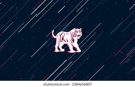 Large white tiger symbol framed in red in the center. The effect of flying through the stars. Vector illustration on a dark blue background with stars and slanted lines