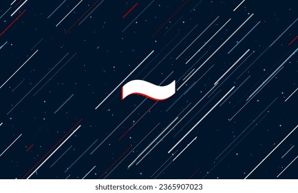 Large white tilde symbol framed in red in the center. The effect of flying through the stars. Vector illustration on a dark blue background with stars and slanted lines