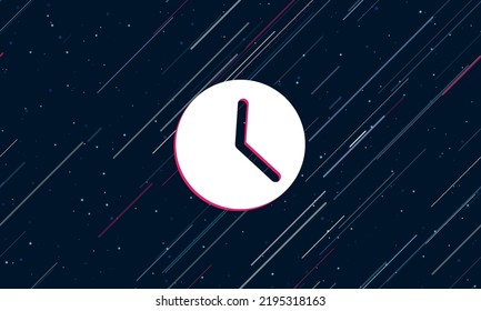 Large white time symbol framed in red in the center. The effect of flying through the stars. Vector illustration on a dark blue background with stars and slanted lines