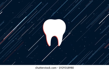 Large white tooth symbol framed in red in the center. The effect of flying through the stars. Seamless vector illustration on a dark blue background with stars and slanted lines