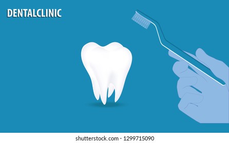 Large white tooth - toothbrush in hand - flat style - blue background - vector