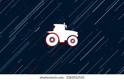 Un gran icono de tractor blanco enmarcado en rojo en el centro. El efecto de volar a través de las estrellas. Ilustración vectorial en un fondo azul oscuro con estrellas y líneas inclinadas