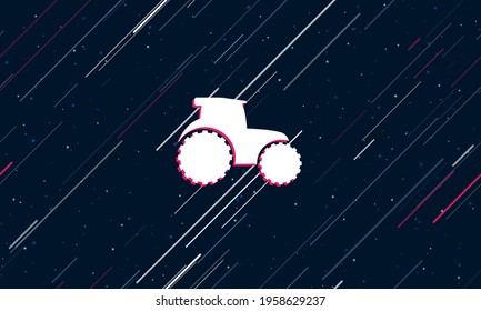 Large white tractor symbol framed in red in the center. The effect of flying through the stars. Vector illustration on a dark blue background with stars and slanted lines