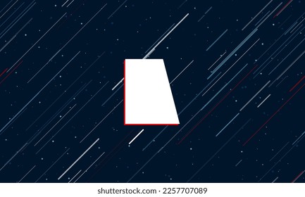 Large white trapezium symbol framed in red in the center. The effect of flying through the stars. Vector illustration on a dark blue background with stars and slanted lines