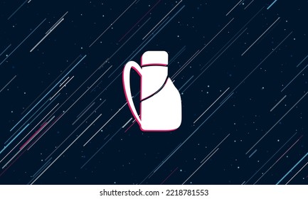Large white travel backpack symbol framed in red in the center. The effect of flying through the stars. Vector illustration on a dark blue background with stars and slanted lines