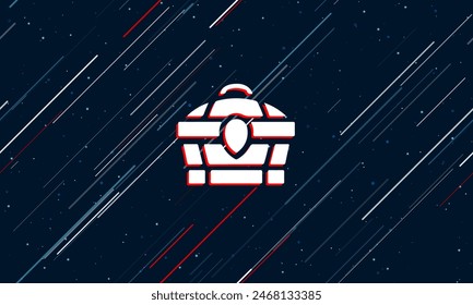 Large white treasure chest symbol framed in red in the center. The effect of flying through the stars. Vector illustration on a dark blue background with stars and slanted lines