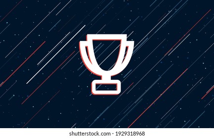 Grosses weißes Trophäensymbol, in der Mitte rot eingerahmt. Der Effekt des Fliegens durch die Sterne. Nahtlose Vektorgrafik auf dunkelblauem Hintergrund mit Sternen und langanhaltenden Linien