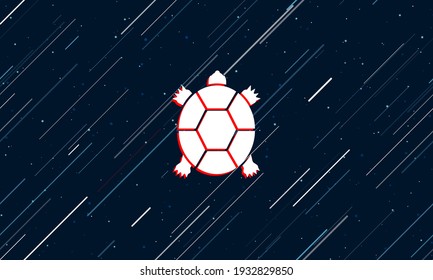 Large white turtle symbol framed in red in the center. The effect of flying through the stars. Seamless vector illustration on a dark blue background with stars and slanted lines