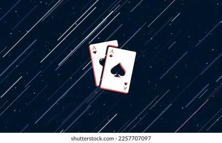 Large white two aces symbol framed in red in the center. The effect of flying through the stars. Vector illustration on a dark blue background with stars and slanted lines