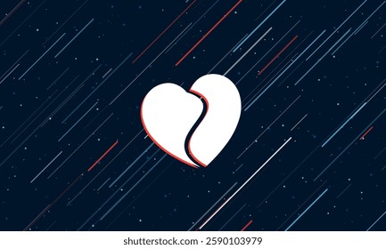 Large white two halves of a heart symbol framed in red in the center. The effect of flying through the stars. Vector illustration on a dark blue background with stars and slanted lines