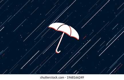 Gran símbolo de paraguas blanco enmarcado en rojo en el centro. El efecto de volar a través de las estrellas. Ilustración vectorial en un fondo azul oscuro con estrellas y líneas inclinadas