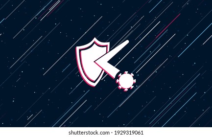 Large white virus bounces off the shield symbol framed in red in the center. The effect of flying through the stars. Seamless vector illustration on a dark blue background with stars and slanted lines