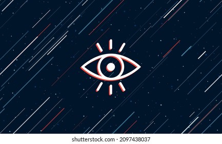 Gran símbolo de visión blanca enmarcado en rojo en el centro. El efecto de volar a través de las estrellas. Ilustración vectorial en un fondo azul oscuro con estrellas y líneas inclinadas
