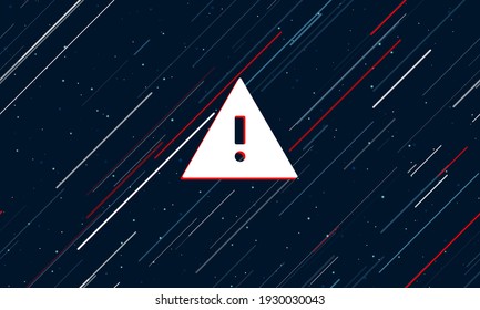 Large white warning symbol framed in red in the center. The effect of flying through the stars. Seamless vector illustration on a dark blue background with stars and slanted lines