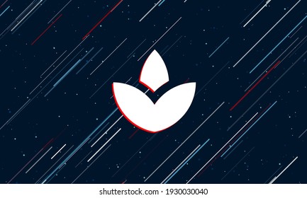 Large white water lily symbol framed in red in the center. The effect of flying through the stars. Seamless vector illustration on a dark blue background with stars and slanted lines