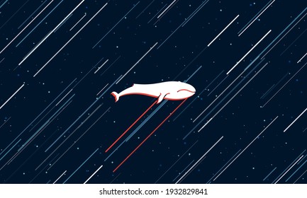 Large white whale symbol framed in red in the center. The effect of flying through the stars. Seamless vector illustration on a dark blue background with stars and slanted lines