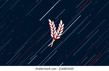 Large white wheat symbol framed in red in the center. The effect of flying through the stars. Vector illustration on a dark blue background with stars and slanted lines
