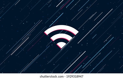 Large white wifi symbol framed in red in the center. The effect of flying through the stars. Seamless vector illustration on a dark blue background with stars and slanted lines