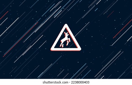 Large white wild animals road sign framed in red in the center. The effect of flying through the stars. Vector illustration on a dark blue background with stars and slanted lines