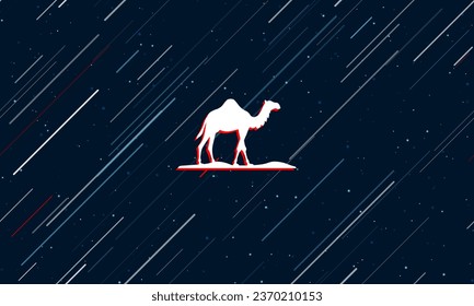 Large white wild camel symbol framed in red in the center. The effect of flying through the stars. Vector illustration on a dark blue background with stars and slanted lines