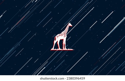 Large white wild giraffe symbol framed in red in the center. The effect of flying through the stars. Vector illustration on a dark blue background with stars and slanted lines
