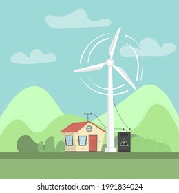 Gran molino blanco de viento en el campo. Energía eólica. Alimentación a asentamientos remotos. Energía segura, preservación de la ecología, el planeta. Pequeña casa en las montañas.