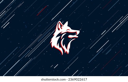 Large white wolf head framed in red in the center. The effect of flying through the stars. Vector illustration on a dark blue background with stars and slanted lines
