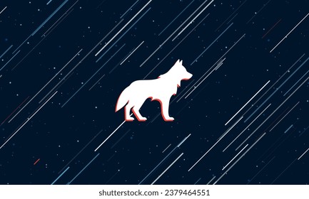 Large white wolf symbol framed in red in the center. The effect of flying through the stars. Vector illustration on a dark blue background with stars and slanted lines
