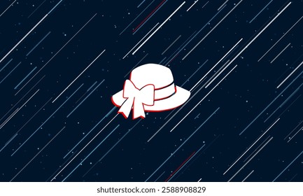 Large white women's hat symbol framed in red in the center. The effect of flying through the stars. Vector illustration on a dark blue background with stars and slanted lines