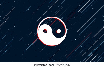 Large white yin yang symbol framed in red in the center. The effect of flying through the stars. Seamless vector illustration on a dark blue background with stars and slanted lines