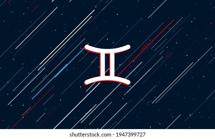 Large white zodiac gemini symbol framed in red in the center. The effect of flying through the stars. Vector illustration on a dark blue background with stars and slanted lines