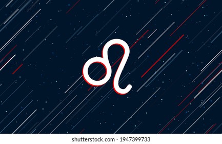 Large white zodiac leo symbol framed in red in the center. The effect of flying through the stars. Vector illustration on a dark blue background with stars and slanted lines