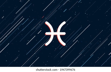 Large white zodiac pisces symbol framed in red in the center. The effect of flying through the stars. Vector illustration on a dark blue background with stars and slanted lines