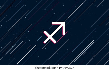 Large white zodiac sagittarius symbol framed in red in the center. The effect of flying through the stars. Vector illustration on a dark blue background with stars and slanted lines