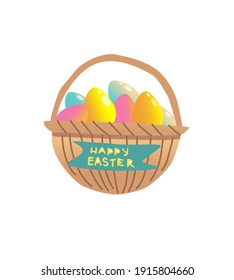 Large wicker basket with colorful easter eggs.Vector illustration isolated on a white background. Can be used to design Easter products, for book illustrations, print, postcards.