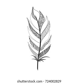 Large Wide Furry Black White Feather with Geometric Patterns. doodle