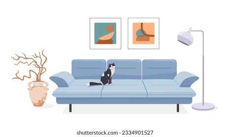 Gran sofá azul mullido, lámpara de piso de metal, jarrón de arcilla con ramas de árbol decorativas, cuadros con un patrón abstracto moderno. Ilustración vectorial de muebles de salón en sala de estar con gato.