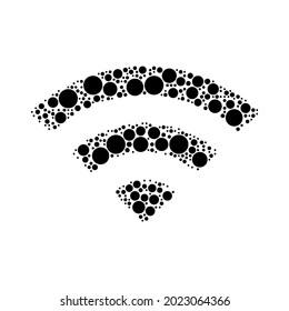 A large wifi symbol in the center made in pointillism style. The center symbol is filled with black circles of various sizes. Vector illustration on white background