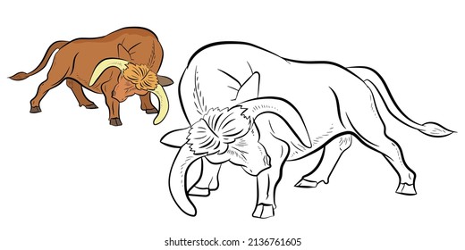 Large wild animal buffalo, black and white image. Coloring book for kids. Vector drawing.