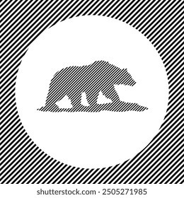 A large wild bear symbol in the center as a hatch of black lines on a white circle. Interlaced effect. Seamless pattern with striped black and white diagonal slanted lines