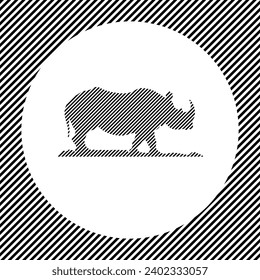 A large wild rhino symbol in the center as a hatch of black lines on a white circle. Interlaced effect. Seamless pattern with striped black and white diagonal slanted lines