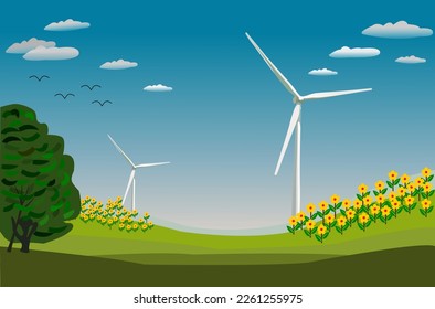 Large wind turbines as a domestic power supply. Concept of obtaining clean electric energy from renewable sources and to lower energy costs and reduce reliance on fossil fuels. Vector illustration.