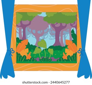 una gran ventana con una hermosa vista al bosque exterior, ilustración vectorial